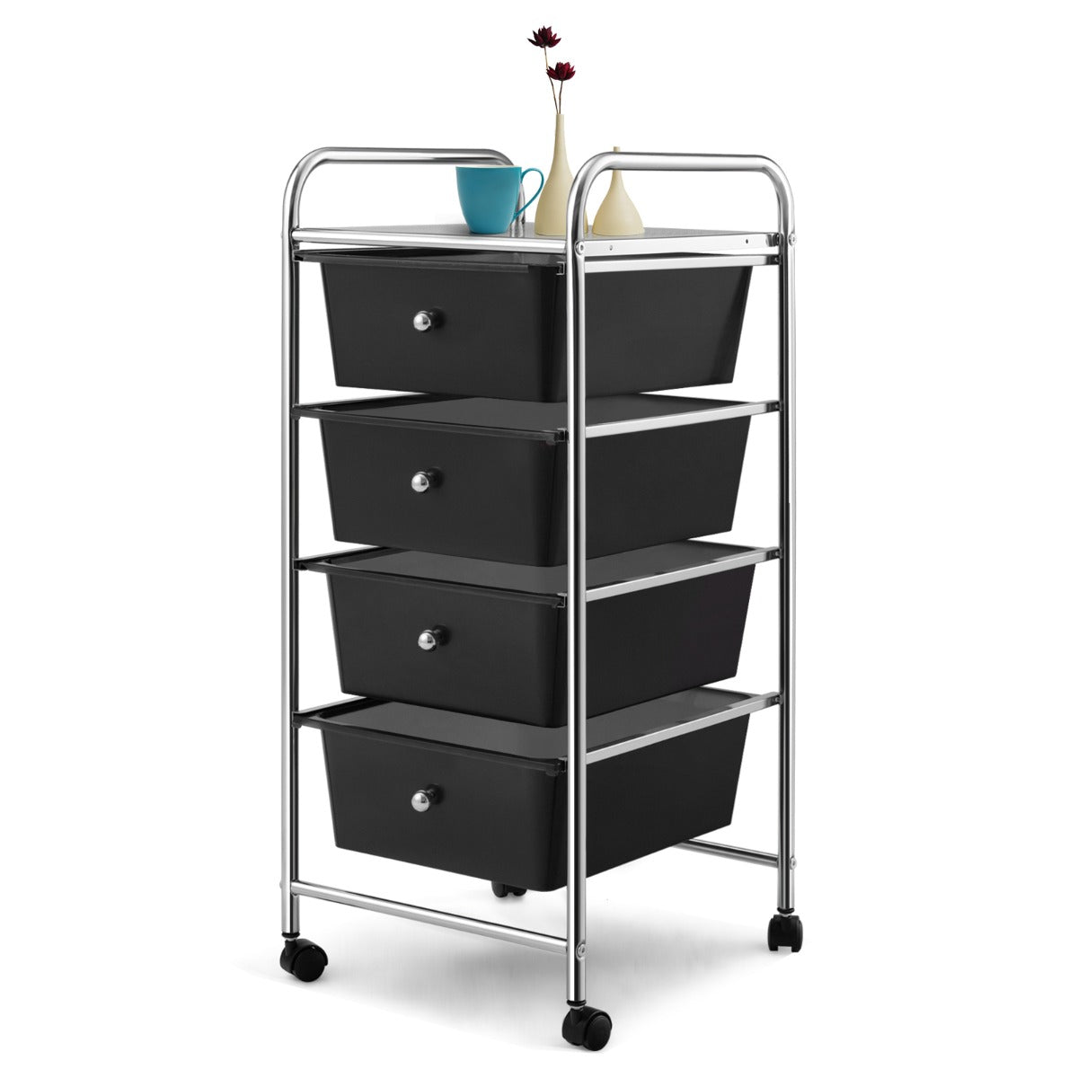LIVSK Verticale Rollade-opbergwagen - 4 Uitneembare Lades - Roestvrij Metalen Frame - 360° Draaibare Wielen - Zwart