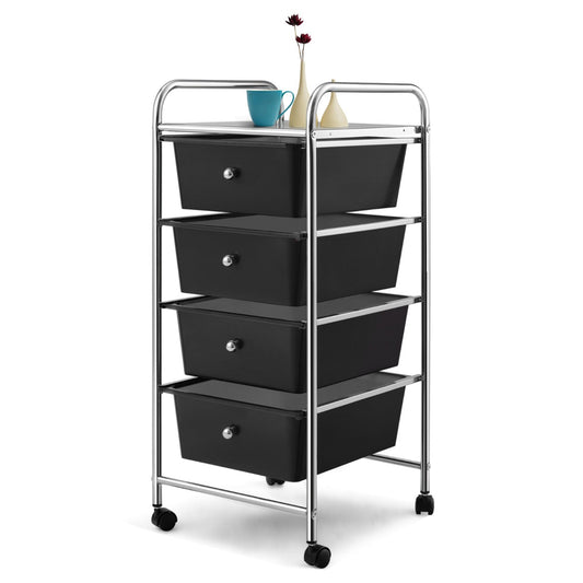 LIVSK Verticale Rollade-opbergwagen - 4 Uitneembare Lades - Roestvrij Metalen Frame - 360° Draaibare Wielen - Zwart