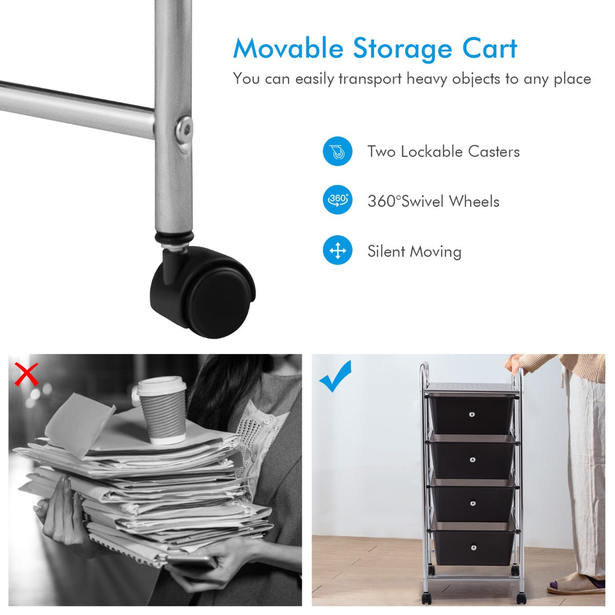 LIVSK Verticale Rollade-opbergwagen - 4 Uitneembare Lades - Roestvrij Metalen Frame - 360° Draaibare Wielen - Zwart