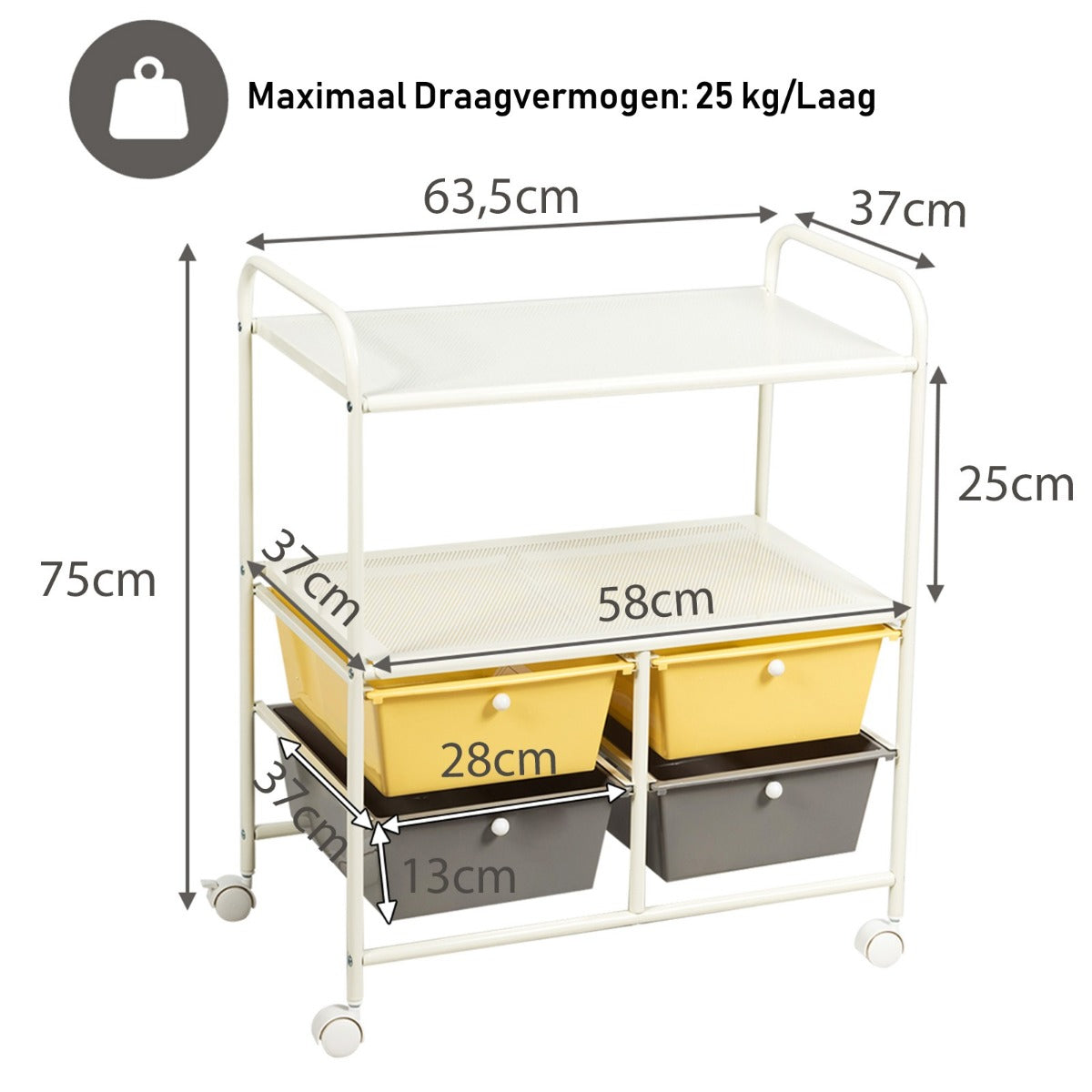 LIVSK Trolley met 4 Laden - Stevig Chroomstaal en Kunststof - 2 Planken - Mobiel met 4 Wielen - 58,5 x 37 x 75 cm - Zoals