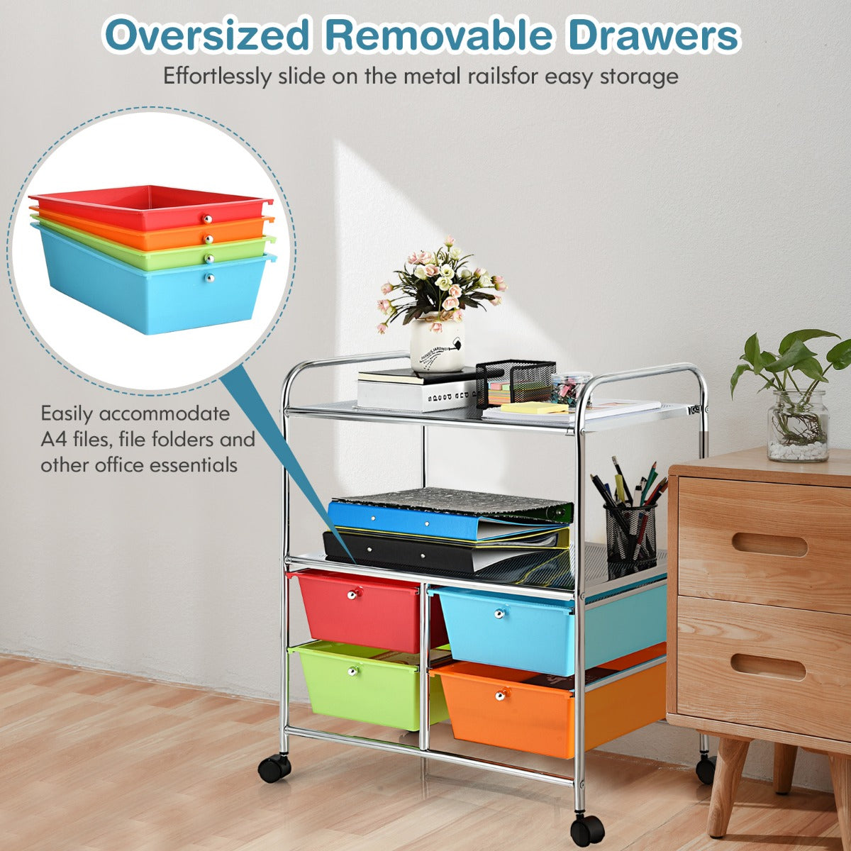LIVSK Trolley met 4 Laden en 2 Planken - Duurzaam Chroomstaal - Eenvoudig te Verplaatsen - Multifunctioneel - 58,5 x 37 x 75 cm -