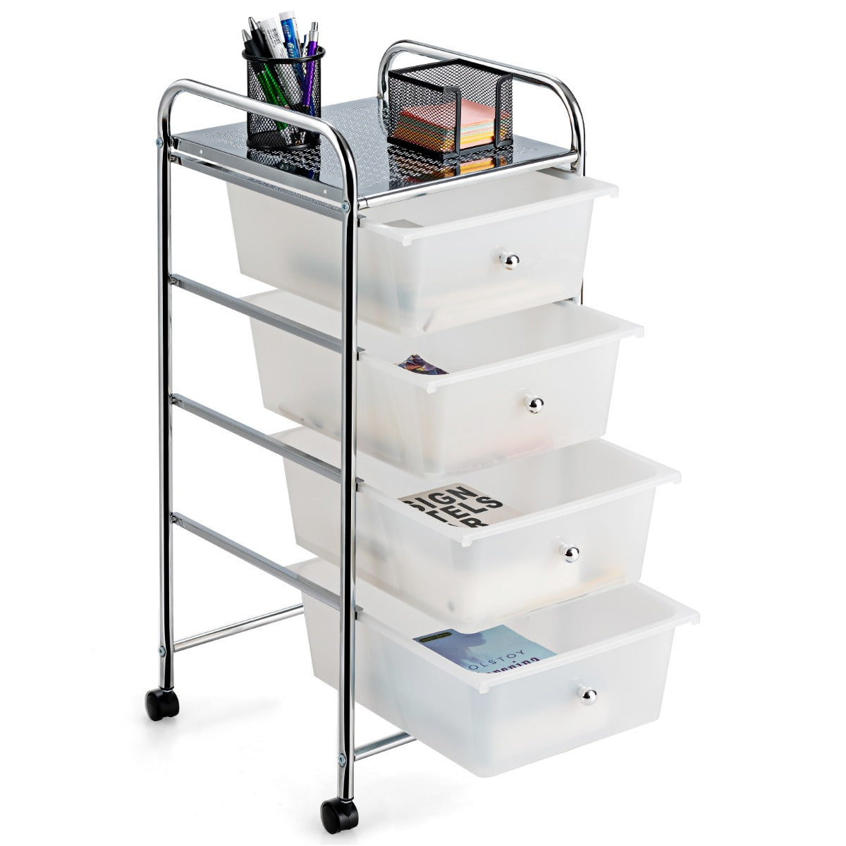 LIVSK Rollade-opbergwagen met 4 Lades - Verticale Trolley - Vergrendelbare Wielen - Robuust Metaal - 37 x 32 x 76 cm -