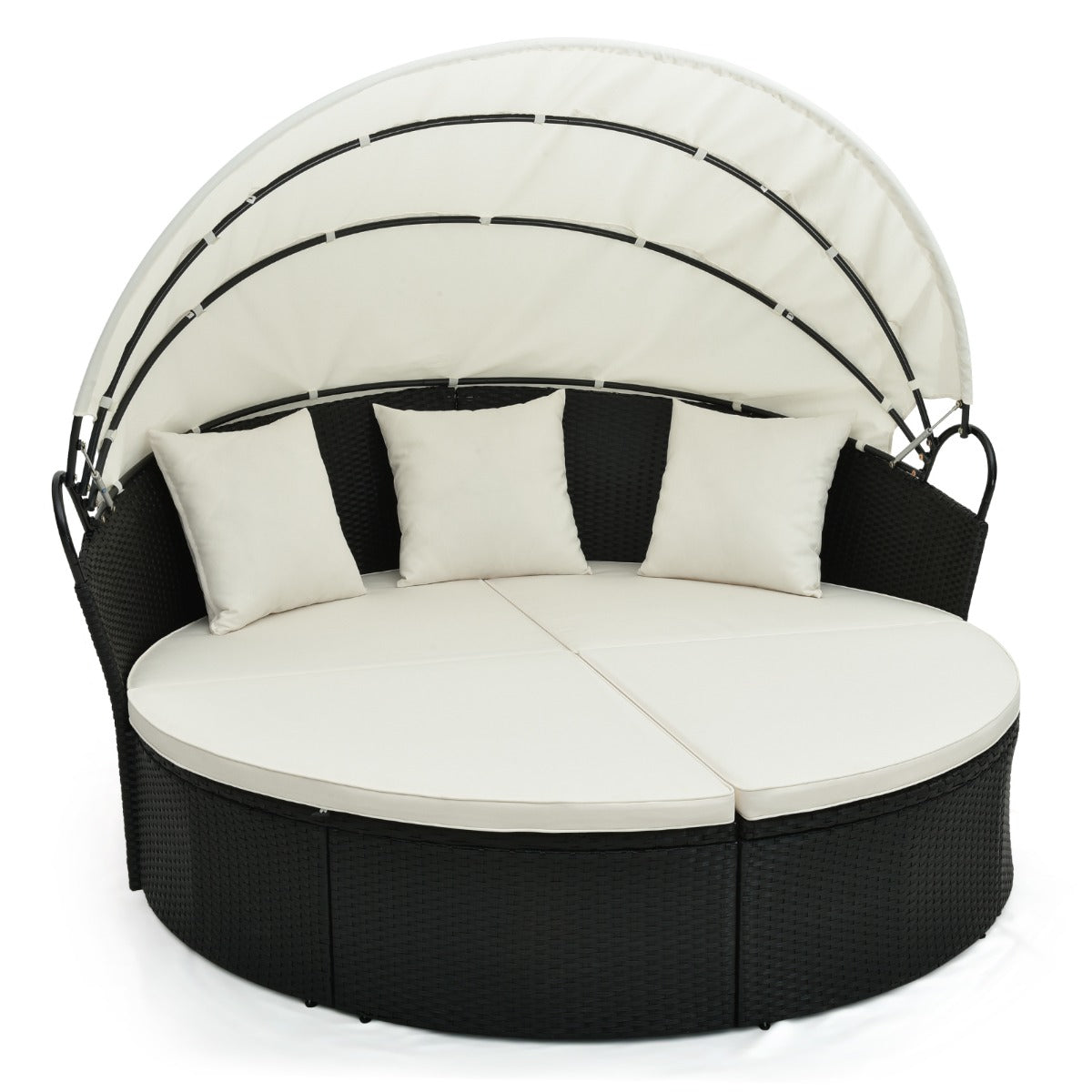 LIVSK Rotan Daybed met Luifel - 2 Halve Maan Banken - 4 Zitkussens - Weerbestendig - 187 x 180 x 157 cm - Zwart/Gebroken Wit