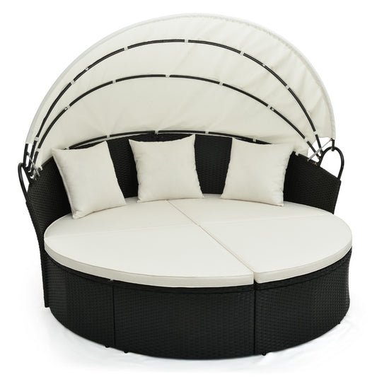 LIVSK Rotan Daybed met Luifel - 2 Halve Maan Banken - 4 Zitkussens - Weerbestendig - 187 x 180 x 157 cm - Zwart/Gebroken Wit