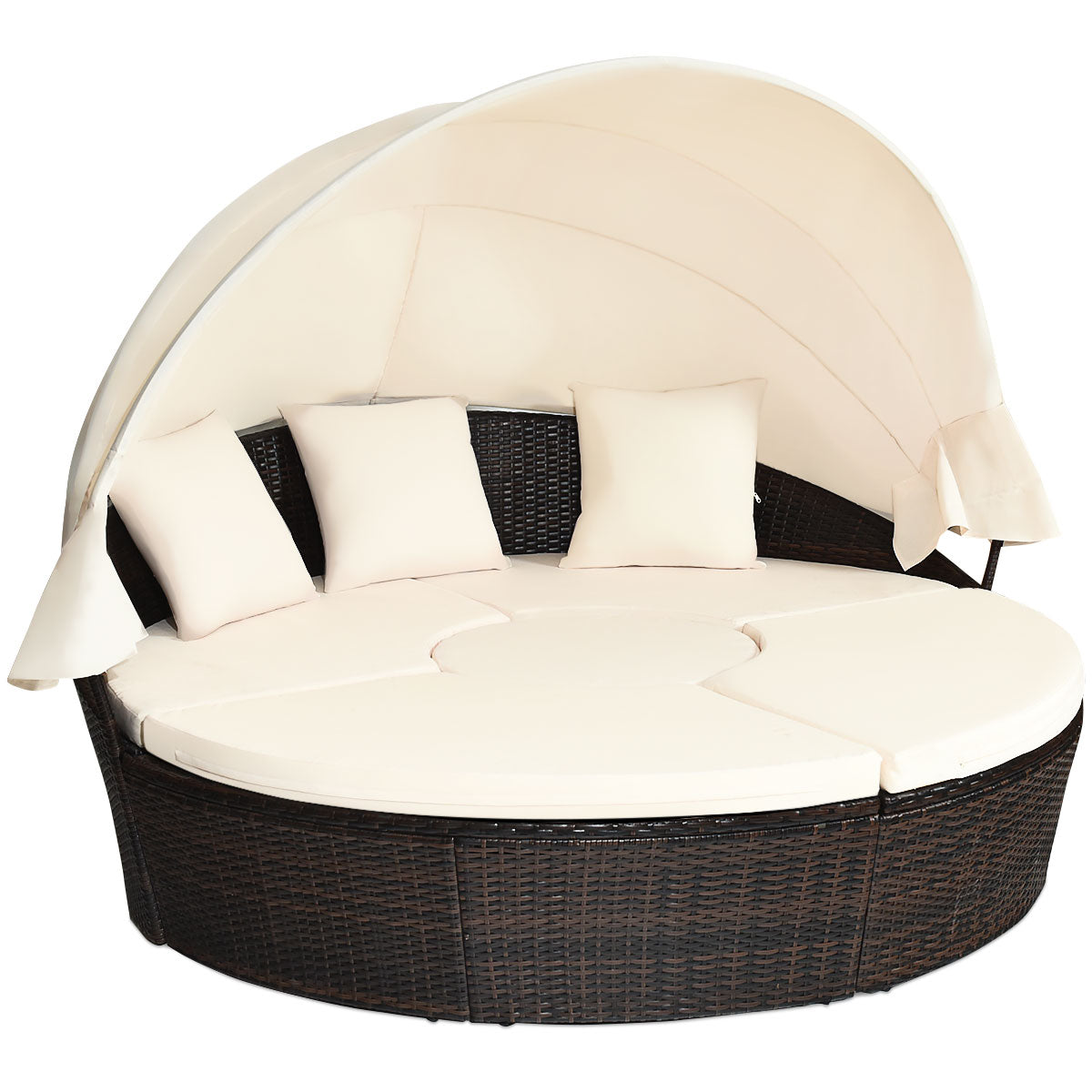LIVSK Ronde Outdoor Daybed - Intrekbare Luifel - Waterdichte Kussens - Verstelbare Salontafel - Duurzaam PE Rotan - Bruin met
