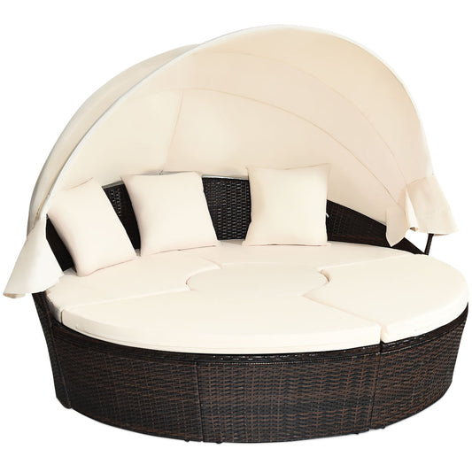 LIVSK Ronde Outdoor Daybed - Intrekbare Luifel - Waterdichte Kussens - Verstelbare Salontafel - Duurzaam PE Rotan - Bruin met