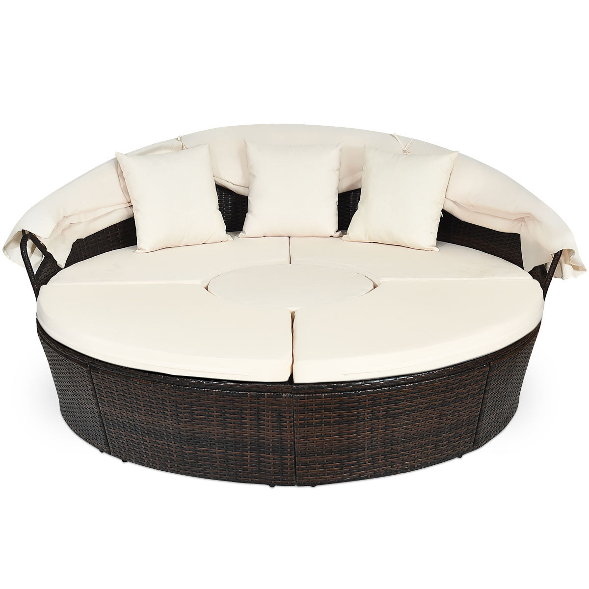 LIVSK Ronde Outdoor Daybed - Intrekbare Luifel - Waterdichte Kussens - Verstelbare Salontafel - Duurzaam PE Rotan - Bruin met