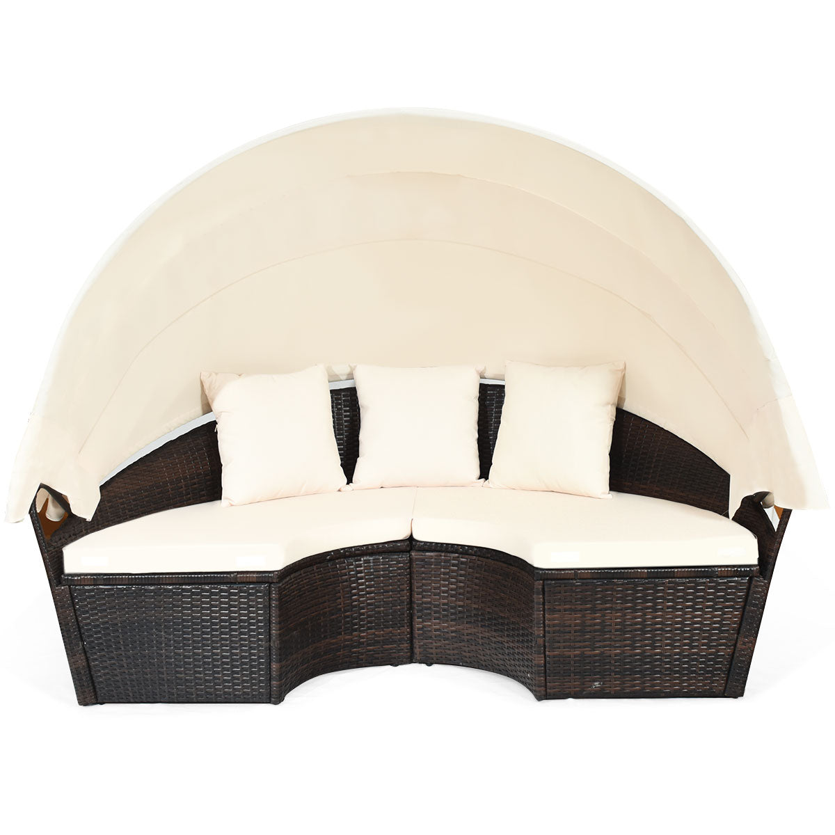LIVSK Ronde Outdoor Daybed - Intrekbare Luifel - Waterdichte Kussens - Verstelbare Salontafel - Duurzaam PE Rotan - Bruin met
