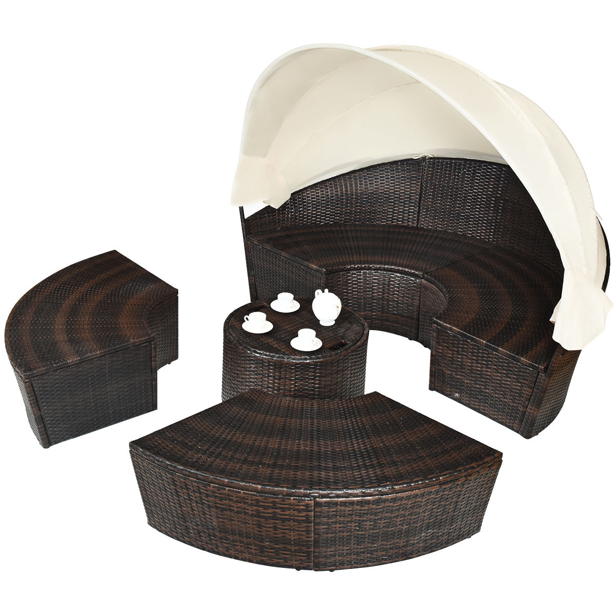 LIVSK Ronde Outdoor Daybed - Intrekbare Luifel - Waterdichte Kussens - Verstelbare Salontafel - Duurzaam PE Rotan - Bruin met