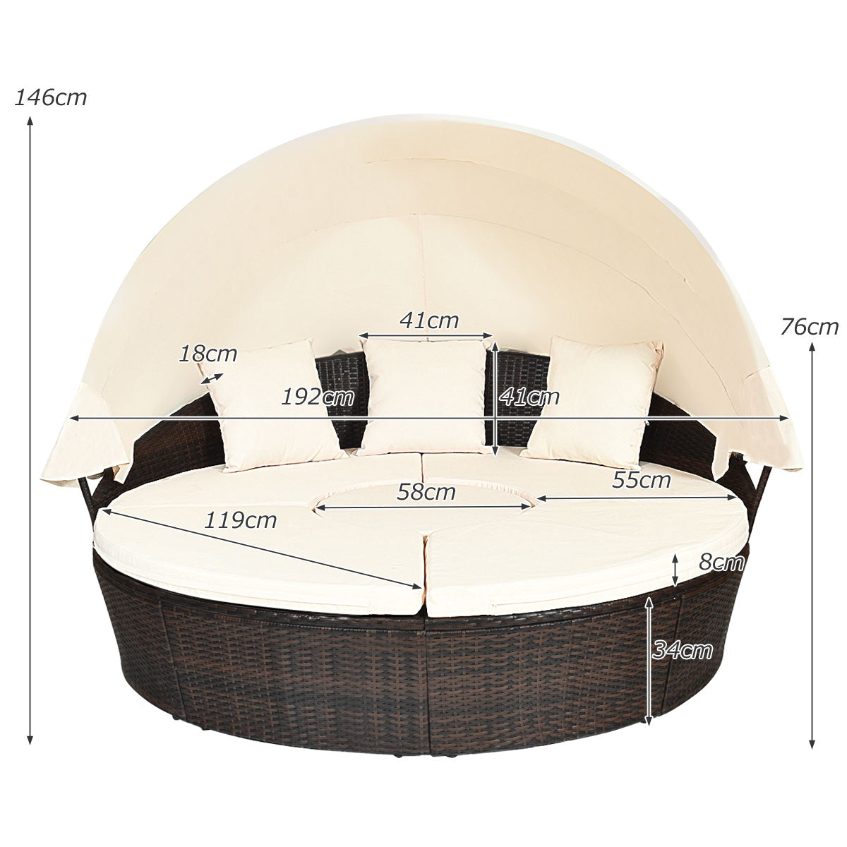 LIVSK Ronde Outdoor Daybed - Intrekbare Luifel - Waterdichte Kussens - Verstelbare Salontafel - Duurzaam PE Rotan - Bruin met