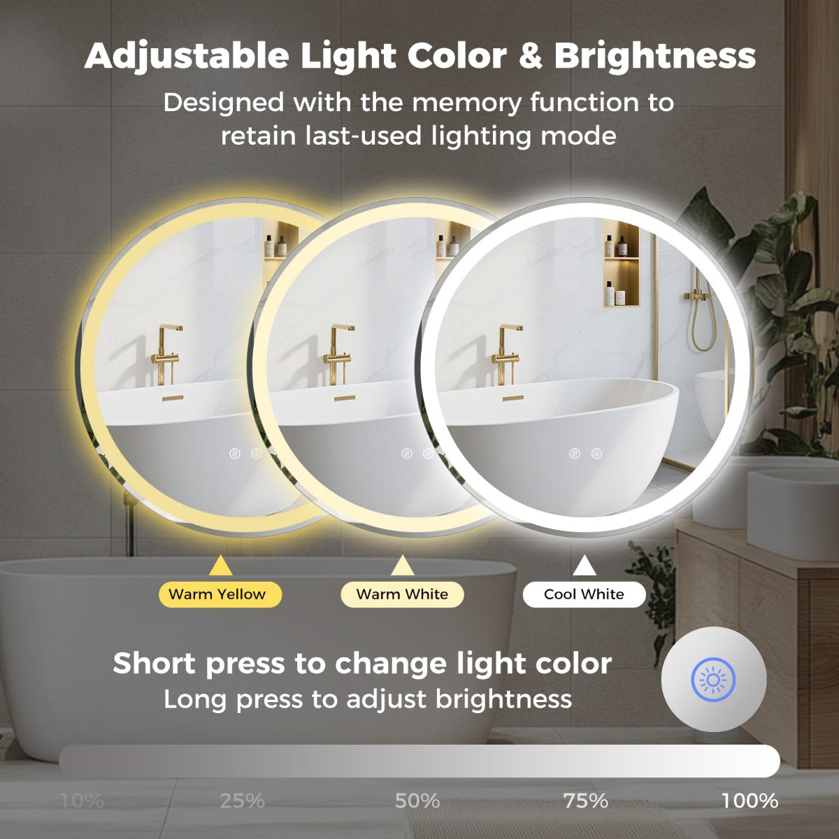 Livsk costway ronde badkamerspiegel met wandlamp met drie instelbare kleurinstellingen 80 cm