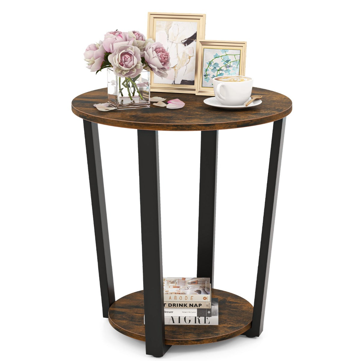 LIVSK Ronde Bijzettafel - 2 Niveaus met Open Plank - Stabiel Metalen Frame - Industriële Stijl - 50 x 50 x 56,5 cm - Walnoot