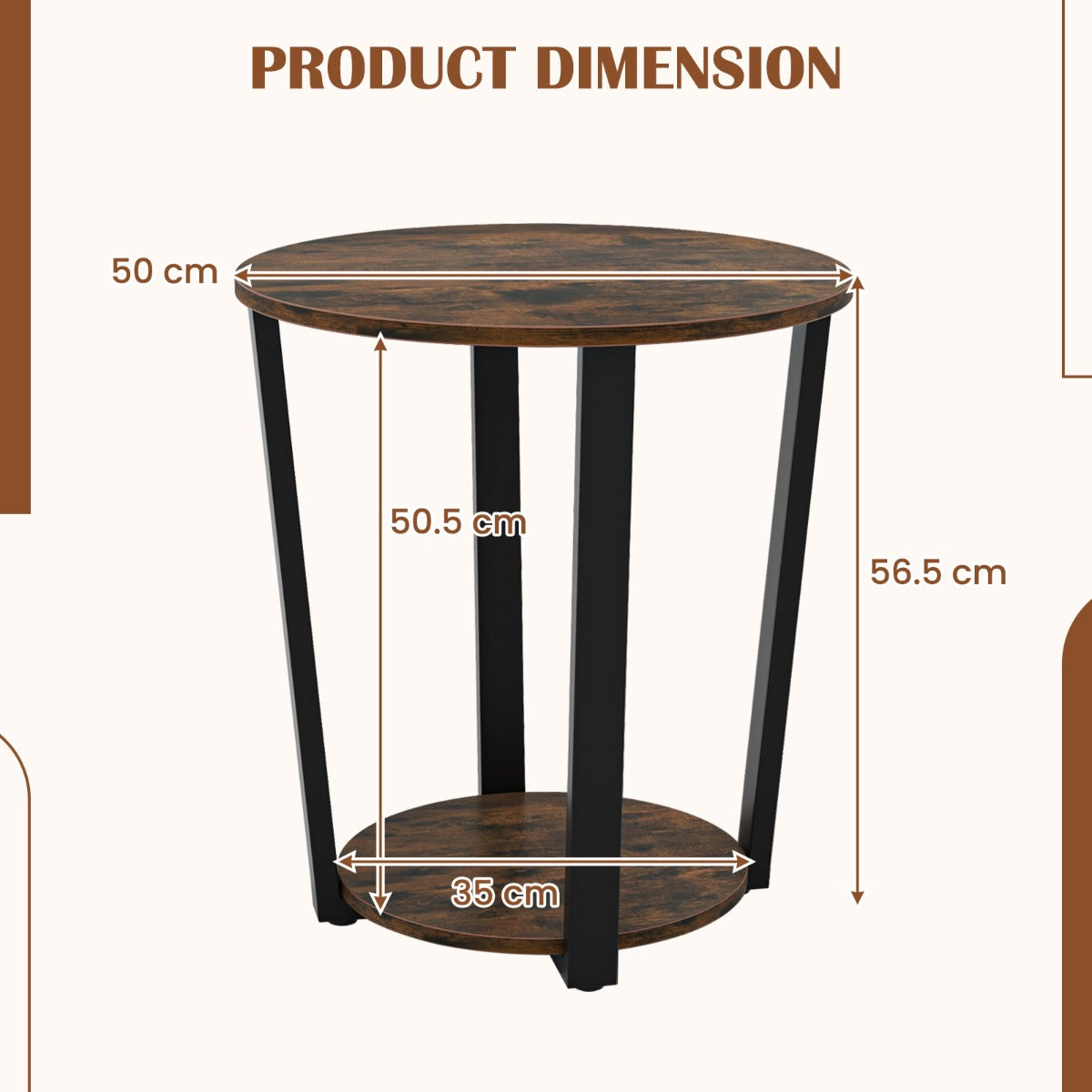 LIVSK Ronde Bijzettafel - 2 Niveaus met Open Plank - Stabiel Metalen Frame - Industriële Stijl - 50 x 50 x 56,5 cm - Walnoot