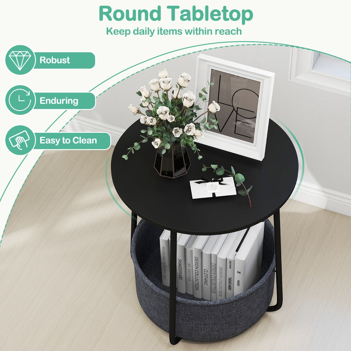 Livsk costway ronde bijzettafel 2 laags bijzettafel met stoffen opbergmand moderne nachtkastje met metalen frame 2 2