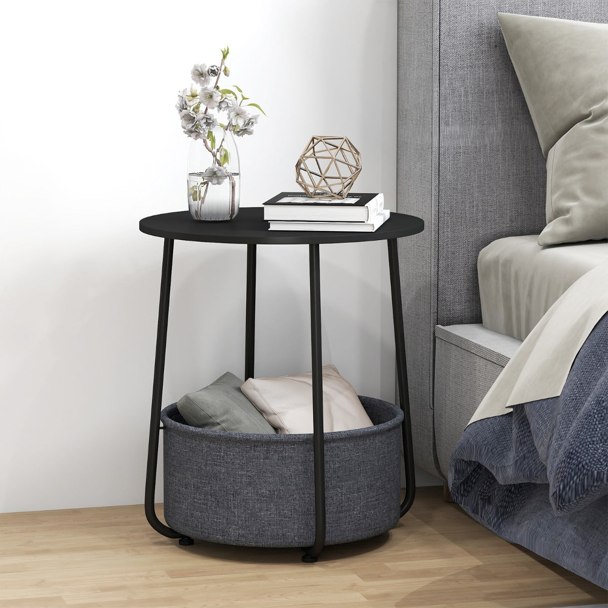 Livsk costway ronde bijzettafel 2 laags bijzettafel met stoffen opbergmand moderne nachtkastje met metalen frame 5 2