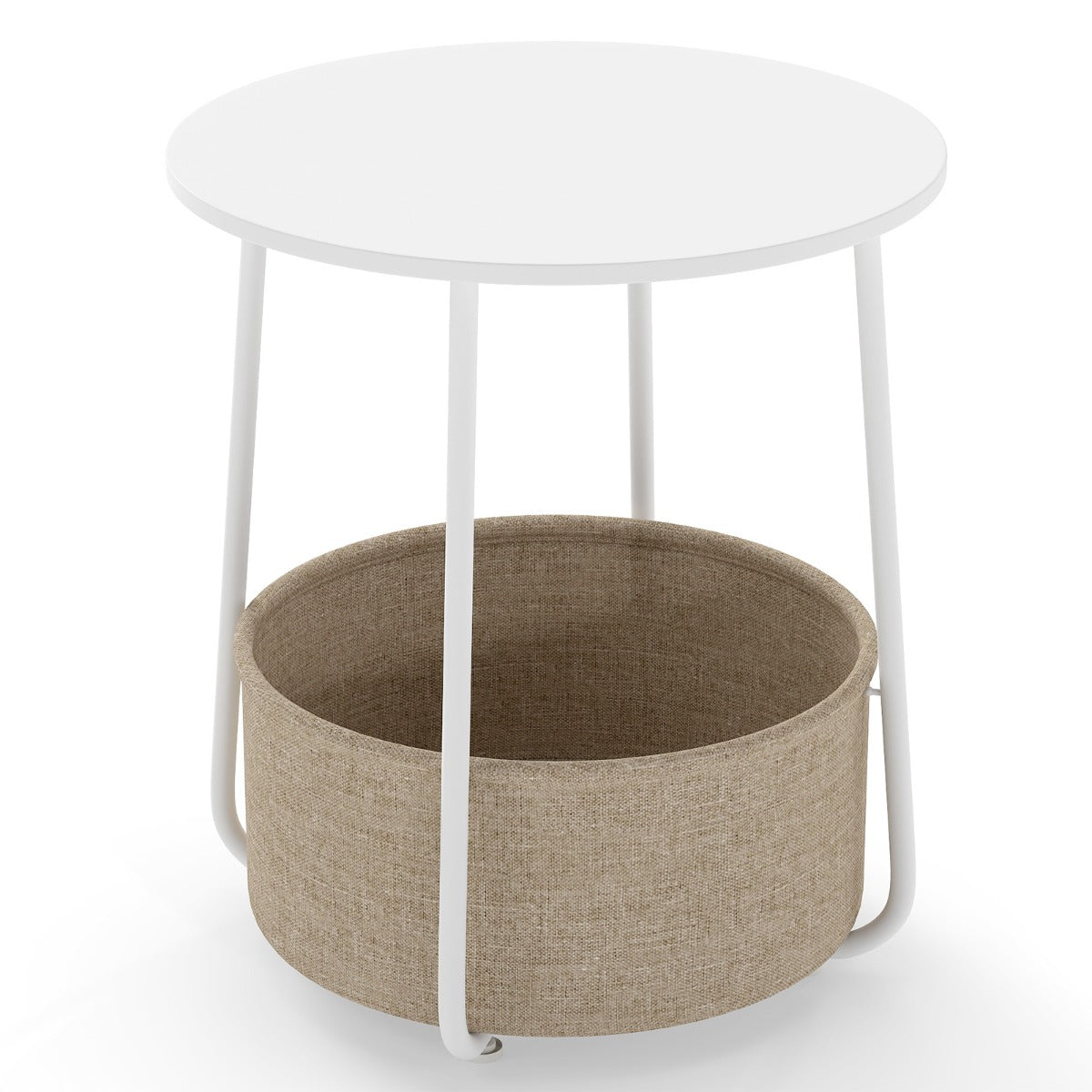 Livsk costway ronde bijzettafel 2 laags bijzettafel met stoffen opbergmand moderne nachtkastje met metalen frame wit