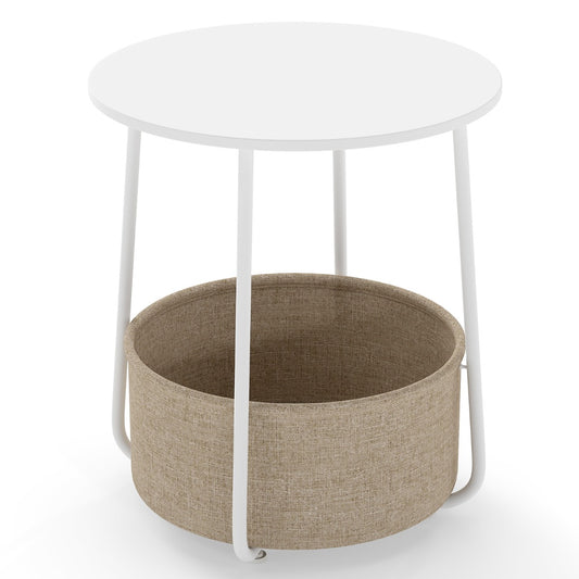 Livsk costway ronde bijzettafel 2 laags bijzettafel met stoffen opbergmand moderne nachtkastje met metalen frame wit