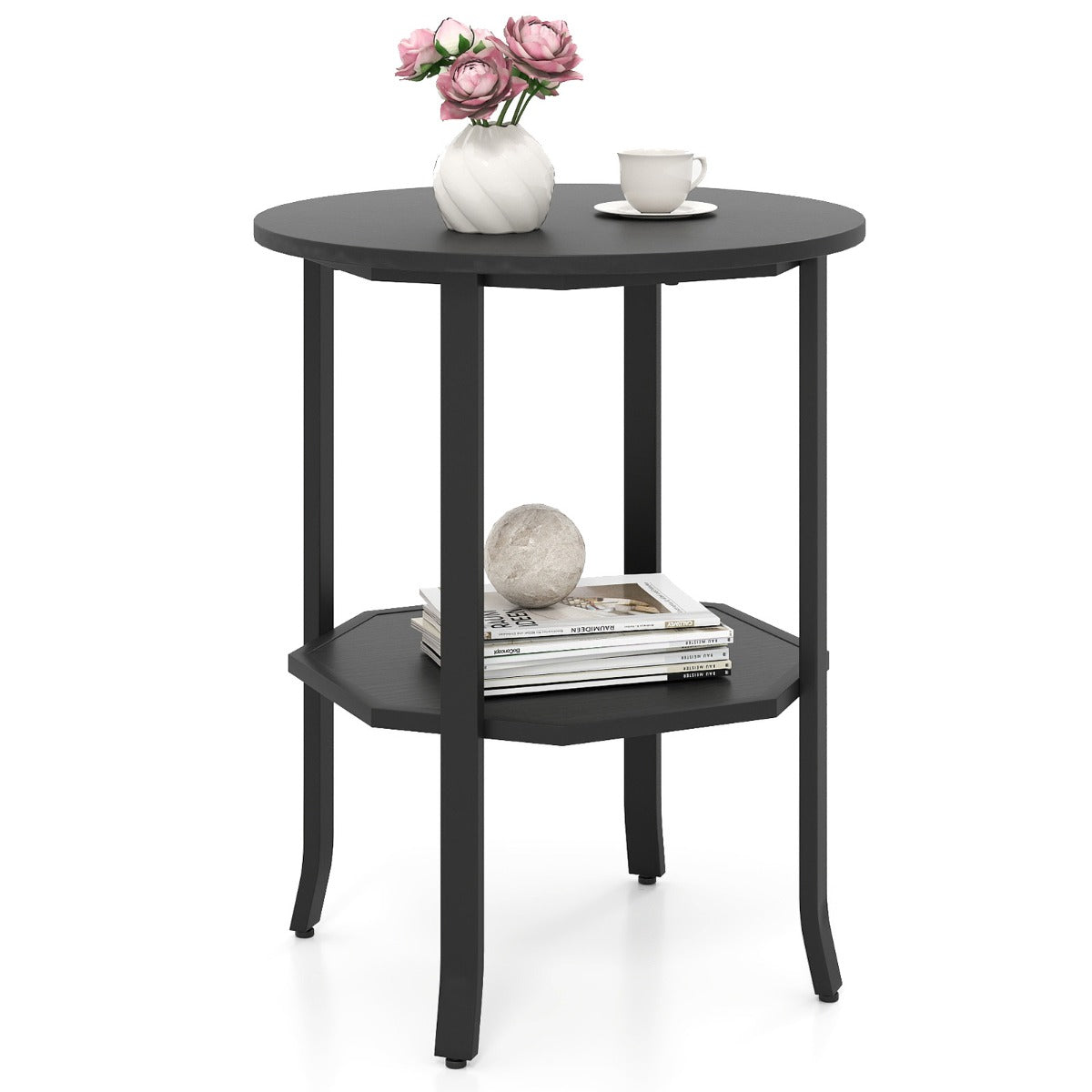 Livsk costway ronde bijzettafel bijzettafel met twee niveaus en opbergvak decoratieve tafel in industriele stijl
