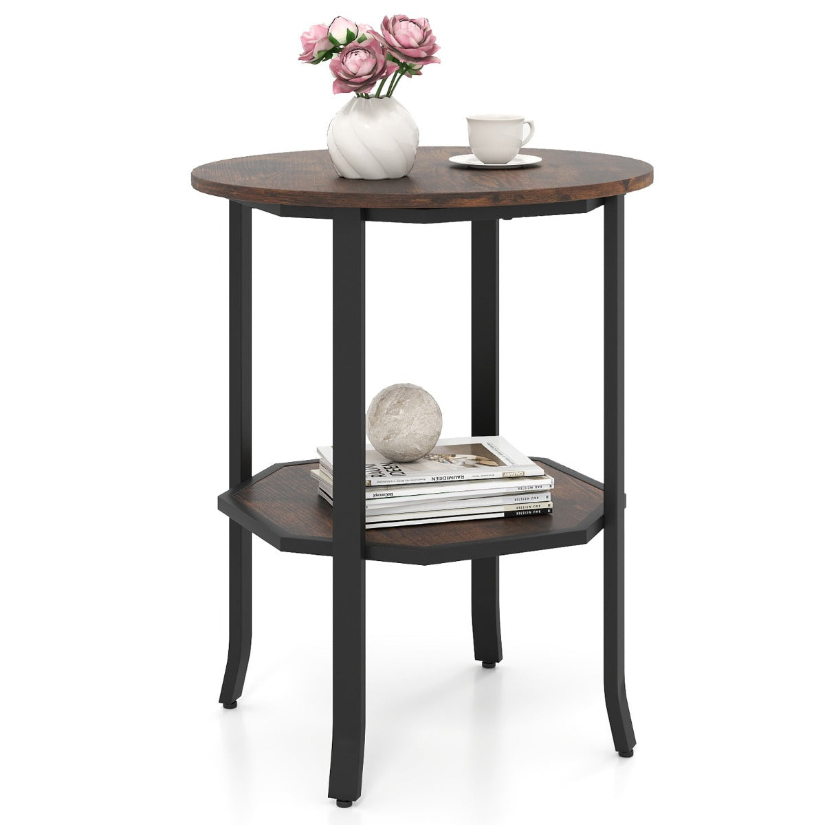 Livsk costway ronde bijzettafel bijzettafel met twee niveaus en opbergvak nachtkastje met stevig metalen frame