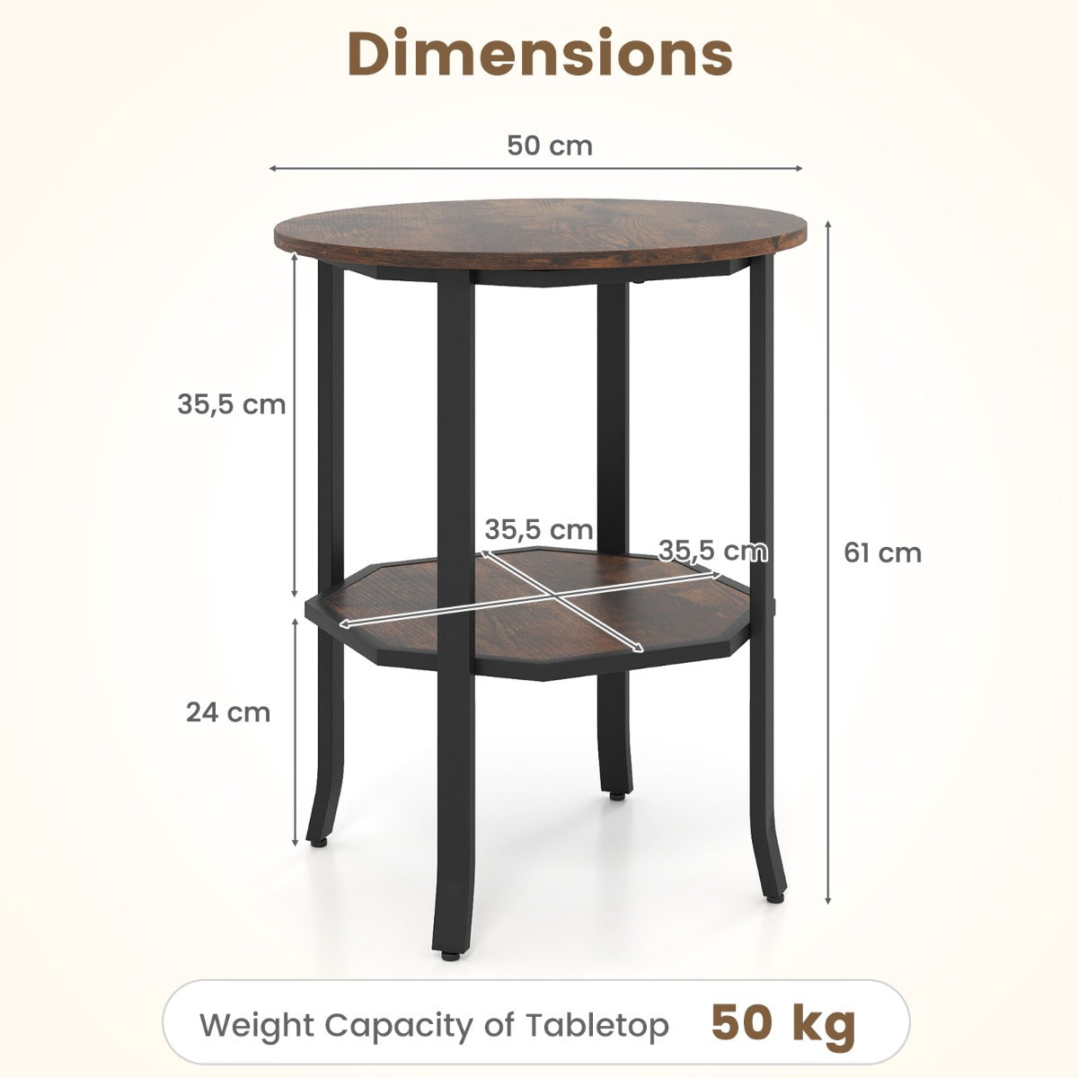 Livsk costway ronde bijzettafel bijzettafel met twee niveaus en opbergvak nachtkastje met stevig metalen frame 2