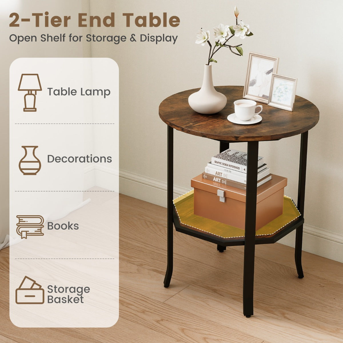 Livsk costway ronde bijzettafel bijzettafel met twee niveaus en opbergvak nachtkastje met stevig metalen frame 5