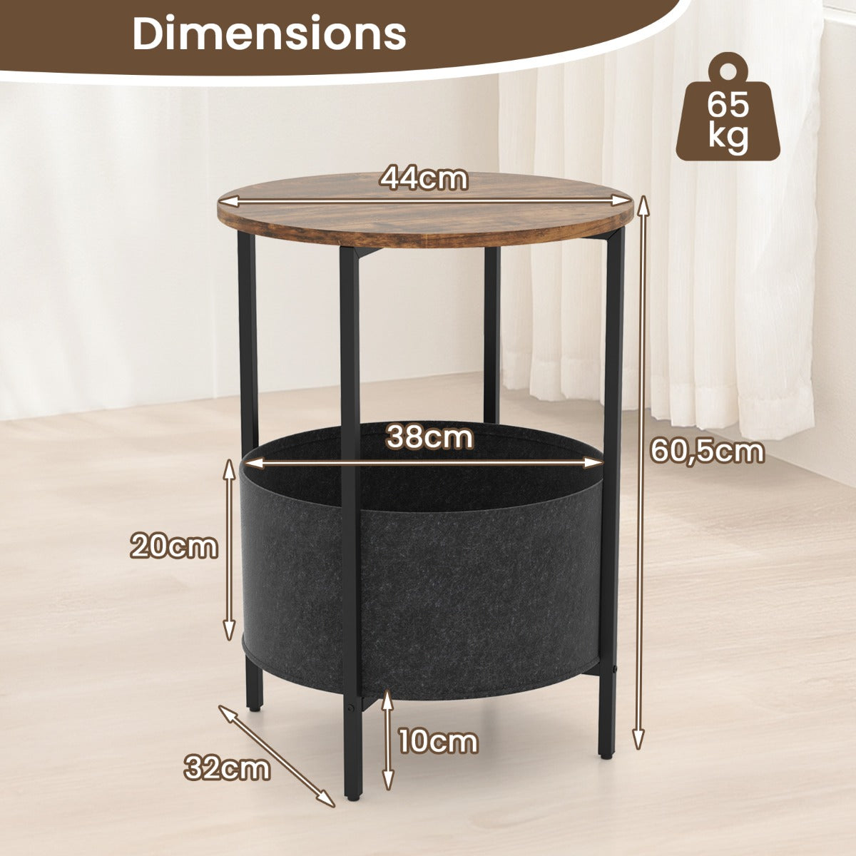 LIVSK Verwijderbare Vilten Bijzettafel - Ruim Rond Blad 44 cm - Stevig Metaal met X-vormige Basis - Tot 30 kg - Grijs