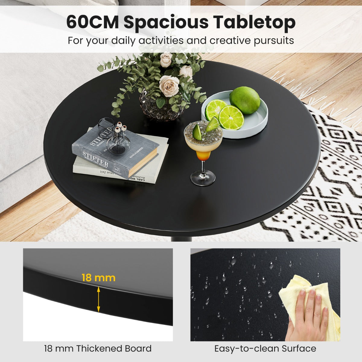 LIVSK Omvormbare Bistrotafel - Bartafel 101,5 cm of Salontafel 40 cm - Stevige Metalen Basis - Ruim Tafelblad 60 cm - Zwart