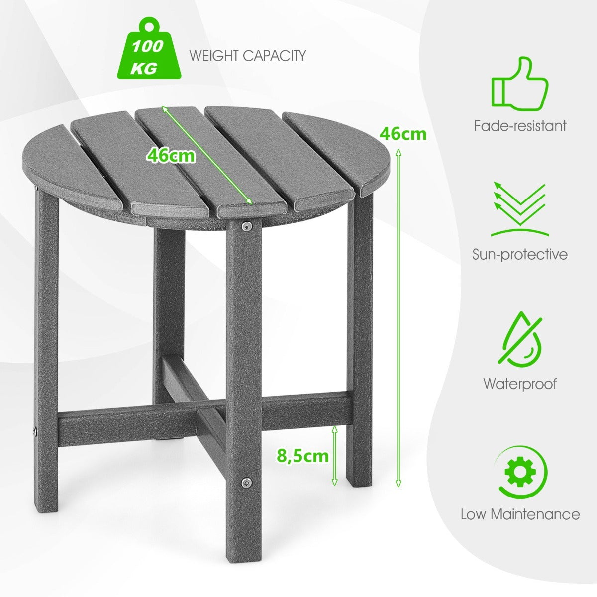 LIVSK Adirondack bijzettafel - Weerbestendig HDPE - Onderhoudsvriendelijk - Milieuvriendelijk - 46 x 46 cm - Grijs