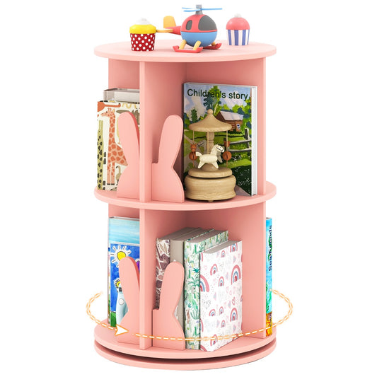 LIVSK Draaibare Kinderboekenkast - 360° Draaibaar - 8 Vakken met Konijntjes - Kindvriendelijk Ontwerp - 40 x 65 cm - Roze