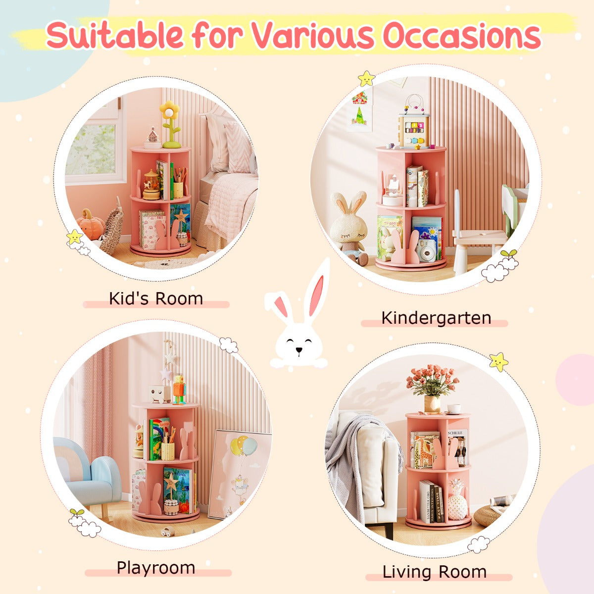LIVSK Draaibare Kinderboekenkast - 360° Draaibaar - 8 Vakken met Konijntjes - Kindvriendelijk Ontwerp - 40 x 65 cm - Roze