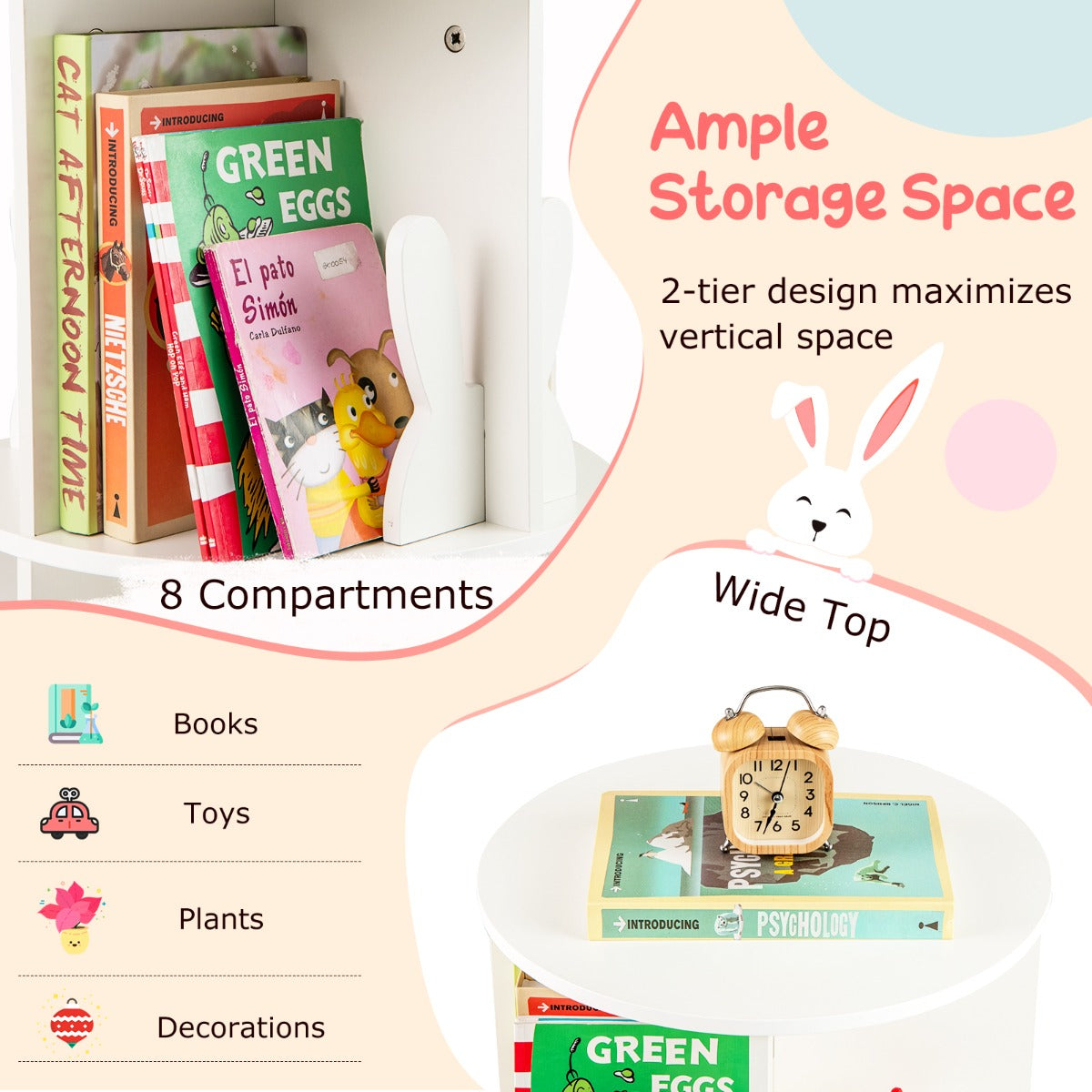 LIVSK Draaibare Kinderboekenkast - 360° Rotatie - 8 Vakken met Konijnvormige Tussenschotten - Antislip - Wit