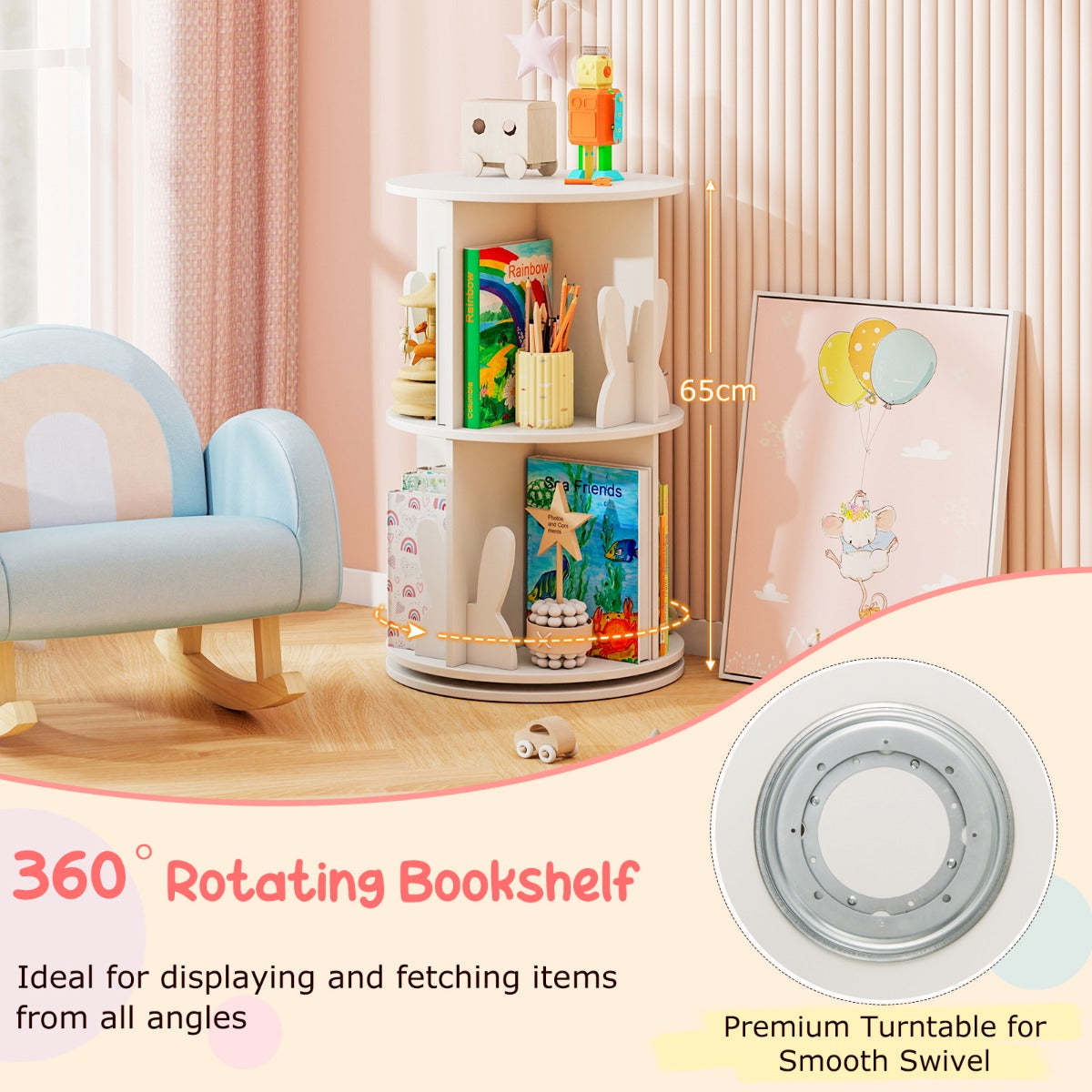 LIVSK Draaibare Kinderboekenkast - 360° Rotatie - 8 Vakken met Konijnvormige Tussenschotten - Antislip - Wit