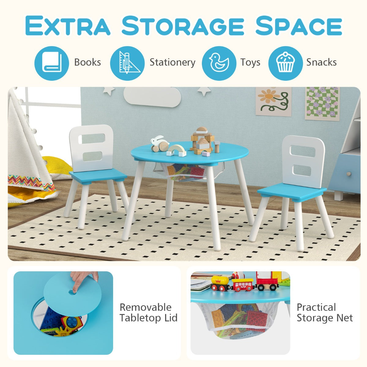 LIVSK Kinderactiviteitentafel en Stoelen Set - Ergonomisch Ontwerp - Houten Tafel met Opbergruimte - Voor Kinderen 3-7 jaar - Roze