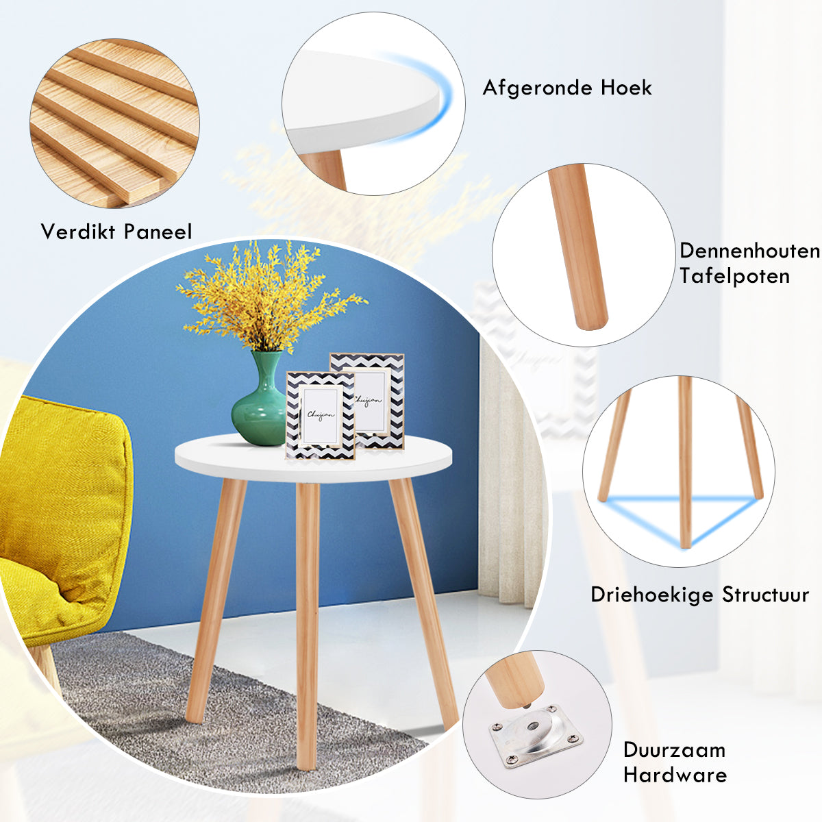 LIVSK Bijzettafel - Stevig MDF Tafelblad - Dennenhouten Poten - Ruimtebesparend - 40 x 40 x 48 cm - Wit + Natuurlijk