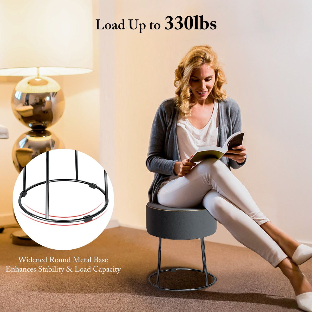 LIVSK Ronde Fluwelen Poef - Multifunctioneel als Voetensteun en Bijzettafel - Draagvermogen 150 kg - Lichtgewicht - Roze/Grijs