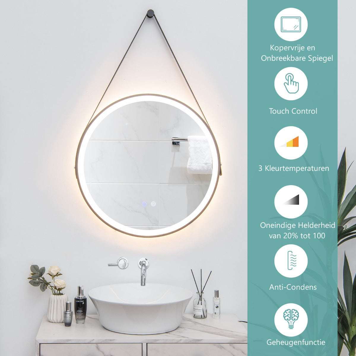 LIVSK Moderne LED Ronde Badkamerspiegel - Dimbare 3 Kleurtemperaturen - Anti-Mist - Geheugenfunctie - Ø 60 cm - Zilver