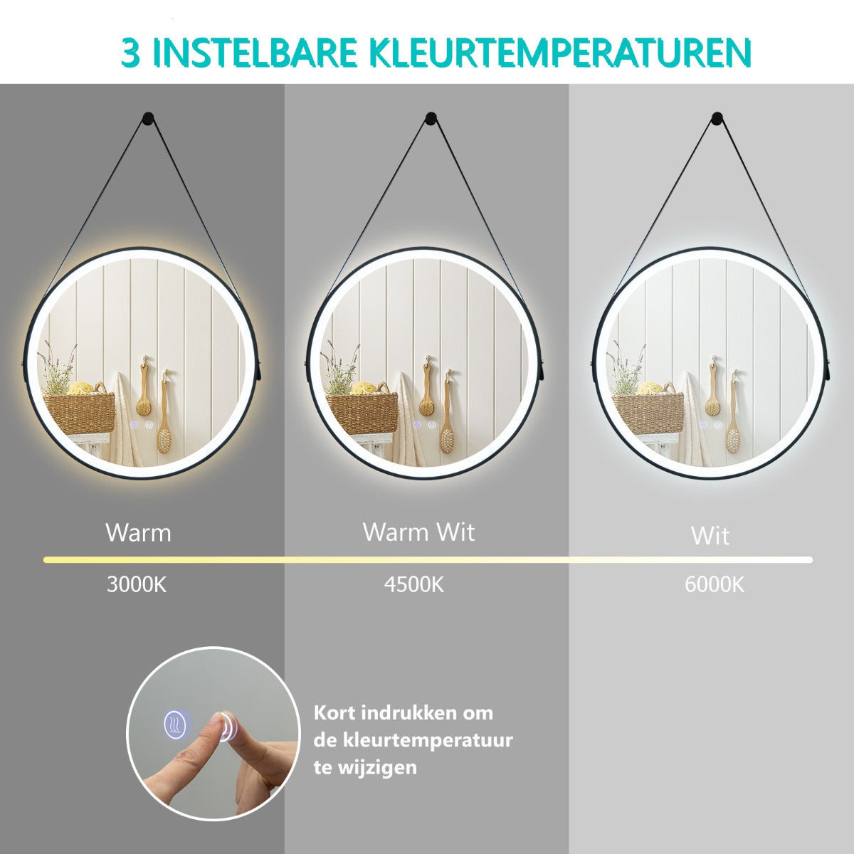 LIVSK Moderne LED Ronde Badkamerspiegel - Dimbare 3 Kleurtemperaturen - Anti-Mist - Geheugenfunctie - Ø 60 cm - Zilver