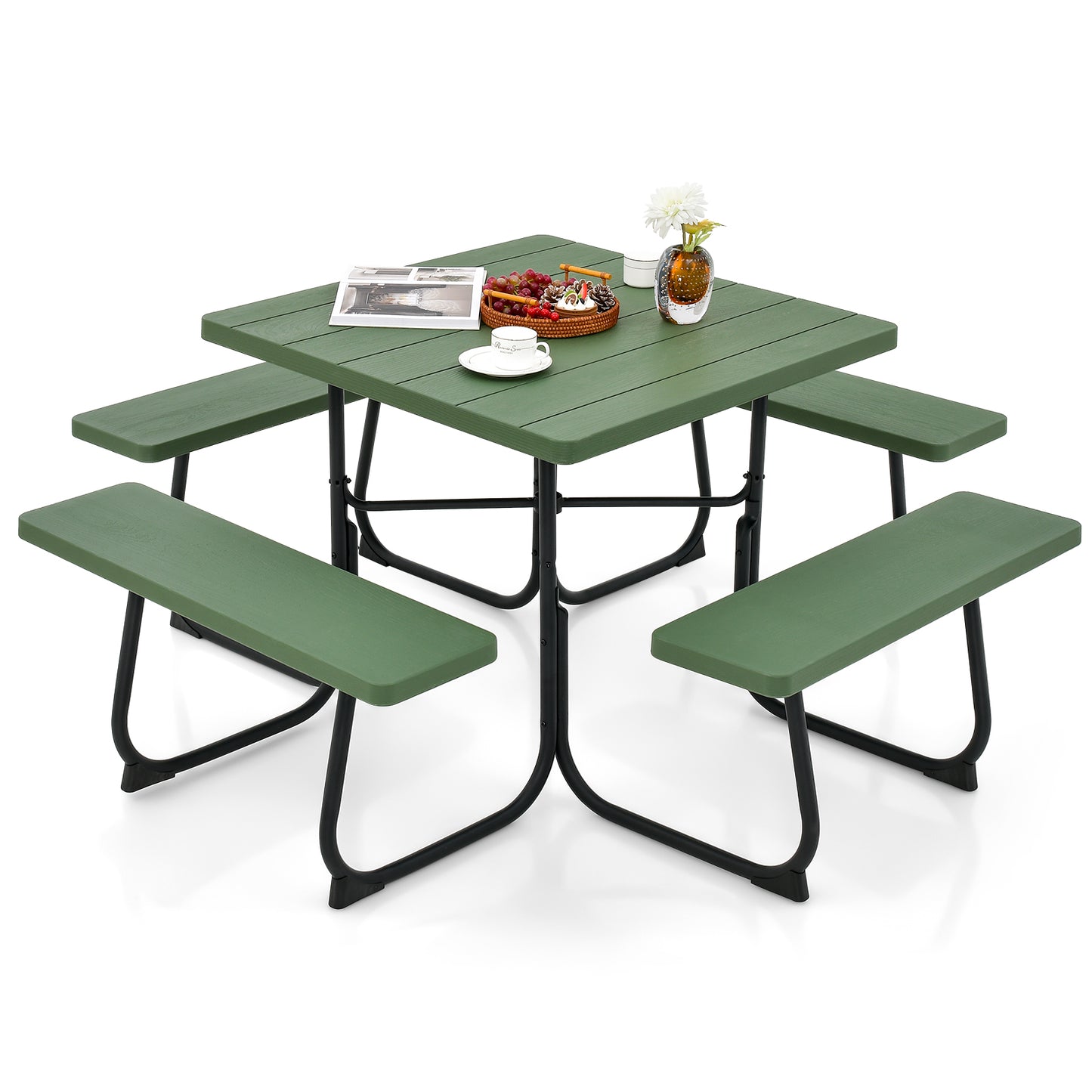 LIVSK Picknicktafelset voor 8 Personen - HDPE Waterdicht - Stabiel Metalen Frame - Parasolgat - 90 cm - Groen