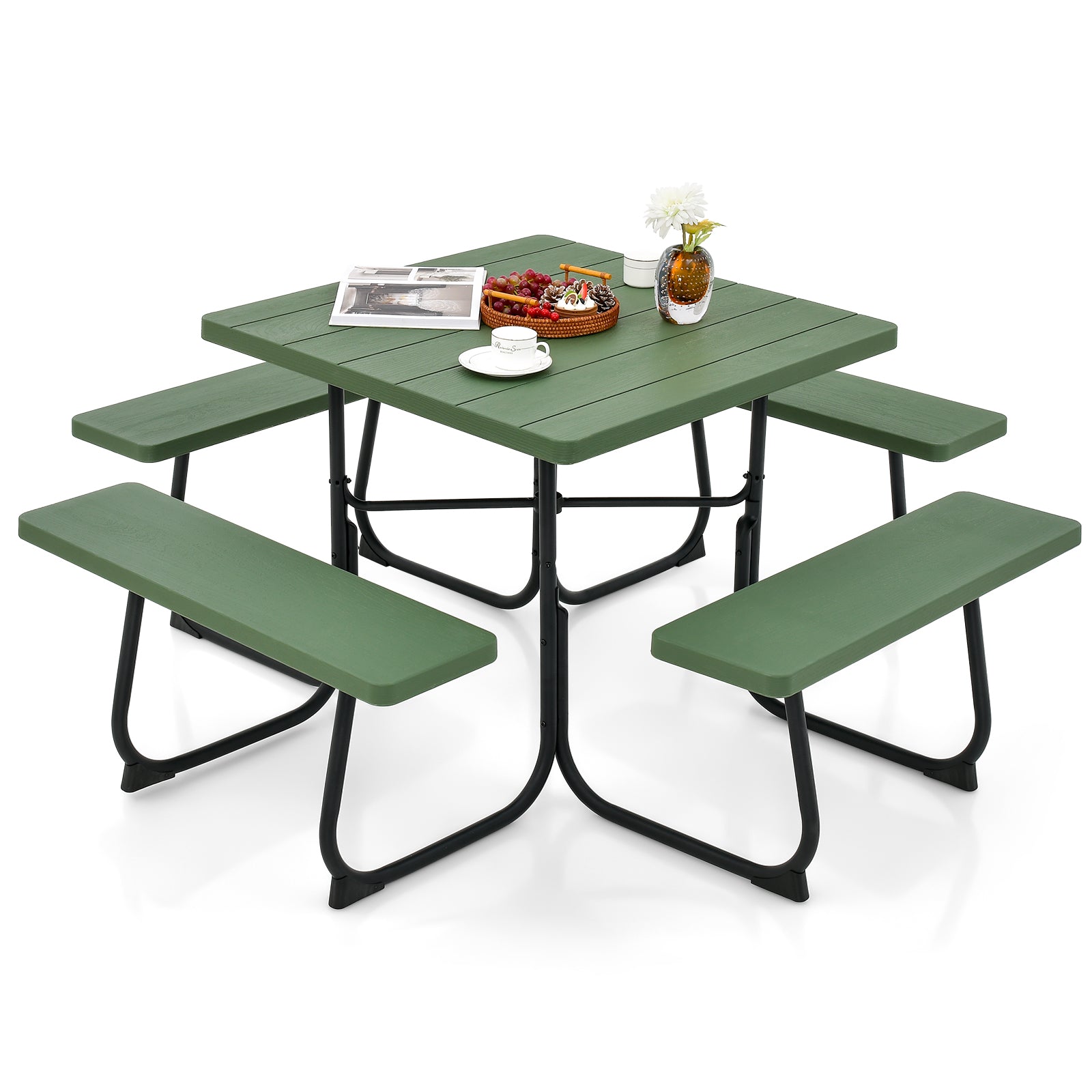 LIVSK Picknicktafelset voor 8 Personen - HDPE Waterdicht - Stabiel Metalen Frame - Parasolgat - 90 cm - Groen