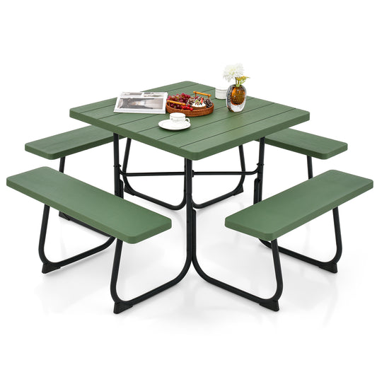 LIVSK Picknicktafelset voor 8 Personen - HDPE Waterdicht - Stabiel Metalen Frame - Parasolgat - 90 cm - Groen