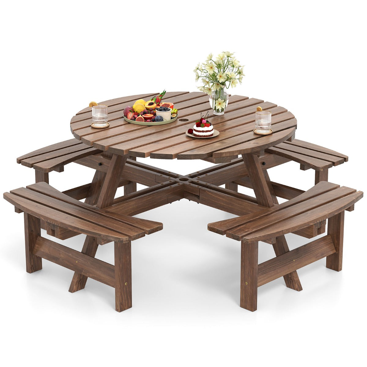 LIVSK Ronde Picknicktafel en Bankenset voor 2-8 Personen - Parasolgat - Stevig Dennenhout - 110 x 70 cm - Bruin/Geel