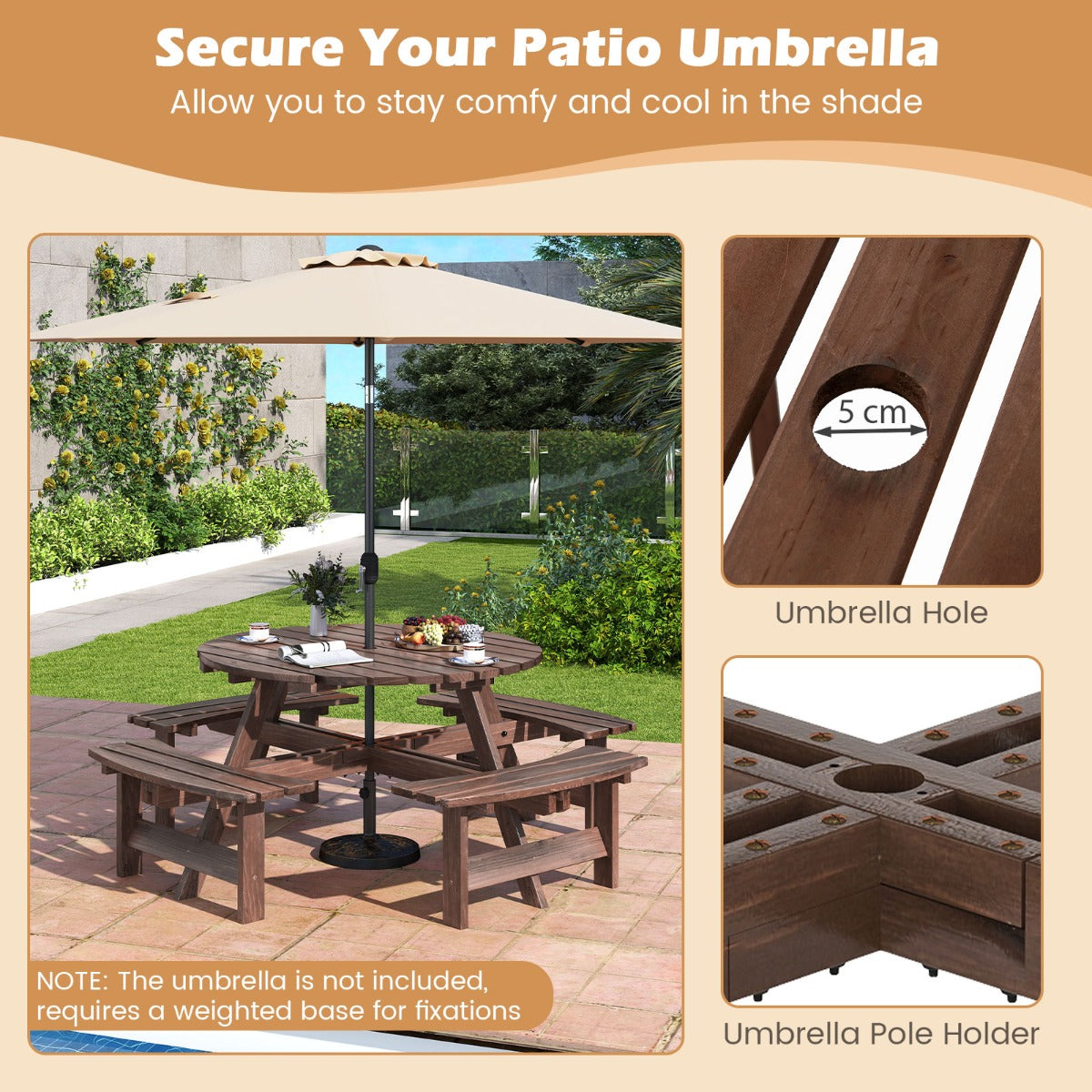 LIVSK Ronde Picknicktafel en Bankenset voor 2-8 Personen - Parasolgat - Stevig Dennenhout - 110 x 70 cm - Bruin/Geel
