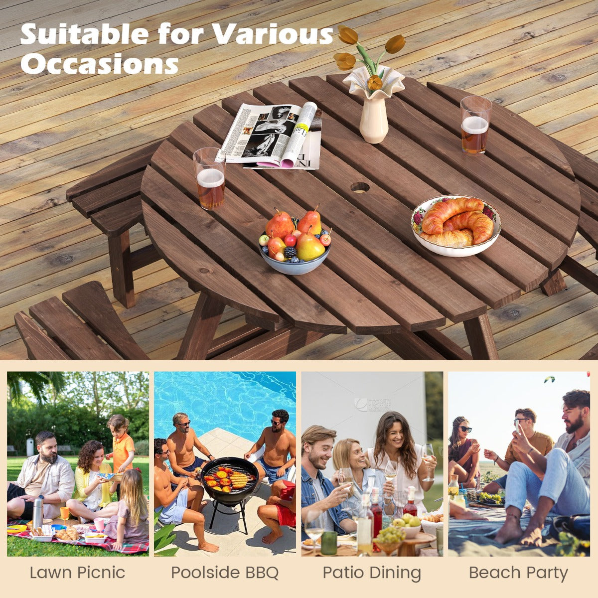 LIVSK Ronde Picknicktafel en Bankenset voor 2-8 Personen - Parasolgat - Stevig Dennenhout - 110 x 70 cm - Bruin/Geel