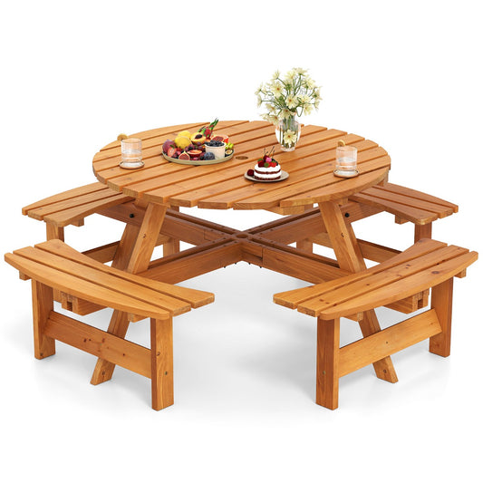 LIVSK Ronde Picknicktafelset voor 2-8 Personen - Met Parasolgat - Stevig Dennenhout - Ideaal voor Buiten - Bruin/Geel
