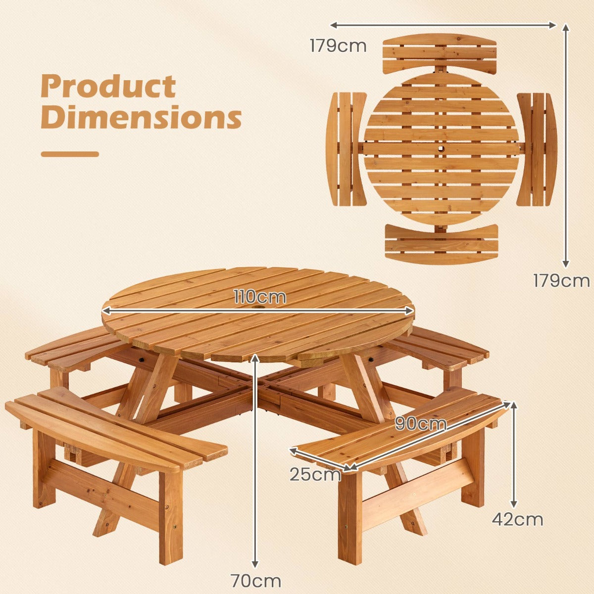 LIVSK Ronde Picknicktafelset voor 2-8 Personen - Met Parasolgat - Stevig Dennenhout - Ideaal voor Buiten - Bruin/Geel