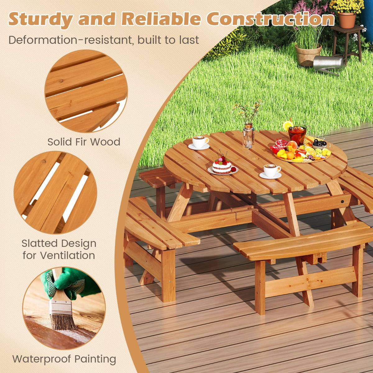 LIVSK Ronde Picknicktafelset voor 2-8 Personen - Met Parasolgat - Stevig Dennenhout - Ideaal voor Buiten - Bruin/Geel