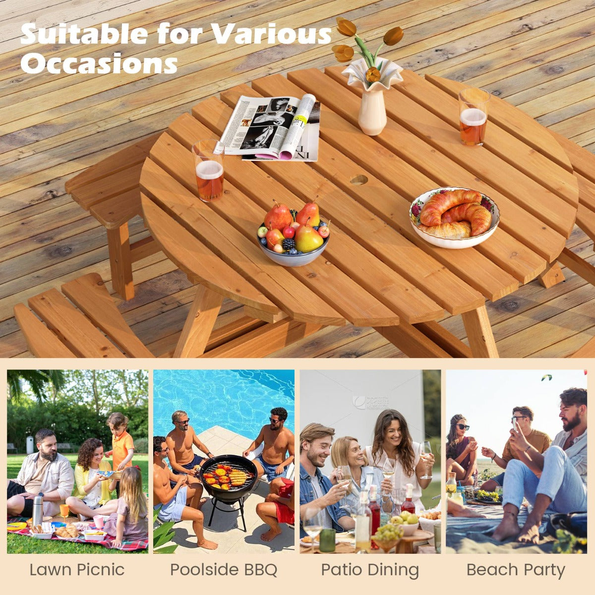 LIVSK Ronde Picknicktafelset voor 2-8 Personen - Met Parasolgat - Stevig Dennenhout - Ideaal voor Buiten - Bruin/Geel