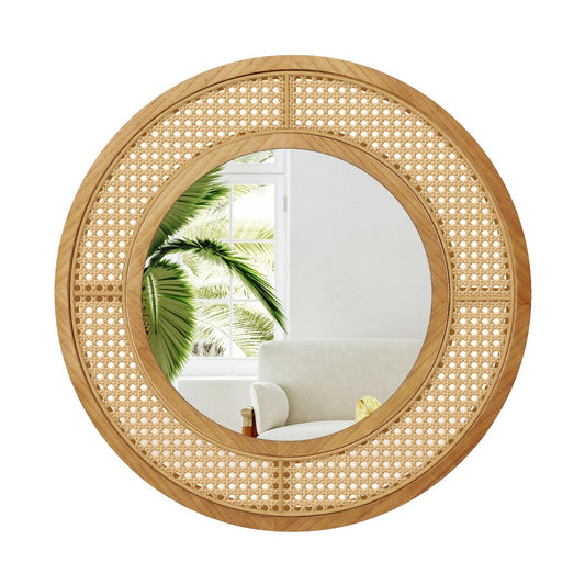 LIVSK Wandspiegel met Rotandecoratie - Houten Frame - Onbreekbaar Aluminium Glas - Eenvoudige Montage - 65 x 65 x 1,8 cm -