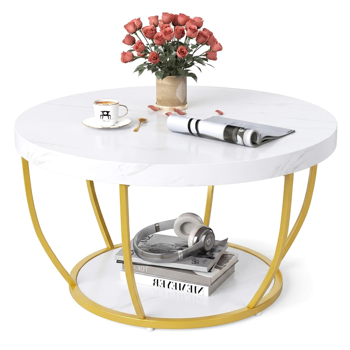 Livsk costway ronde salontafel houten salontafel met 2 niveaus metalen frame woonkamertafel kafeetafel wit