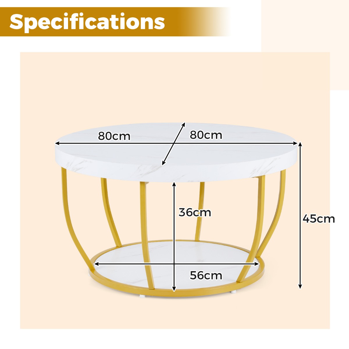 Livsk costway ronde salontafel houten salontafel met 2 niveaus metalen frame woonkamertafel kafeetafel wit 2